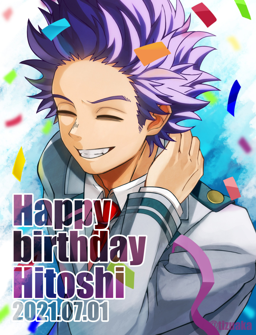 1boy bad_id bad_pixiv_id bags_under_eyes birthday boku_no_hero_academia character_name closed_eyes confetti dated english_text foreground_text forehead from_above hand_on_own_neck happy_birthday highres male_focus messy_hair purple_eyes purple_hair school_uniform shinsou_hitoshi short_hair smile solo spiked_hair teeth text_focus tonbanlove twitter_username u.a._school_uniform upper_body