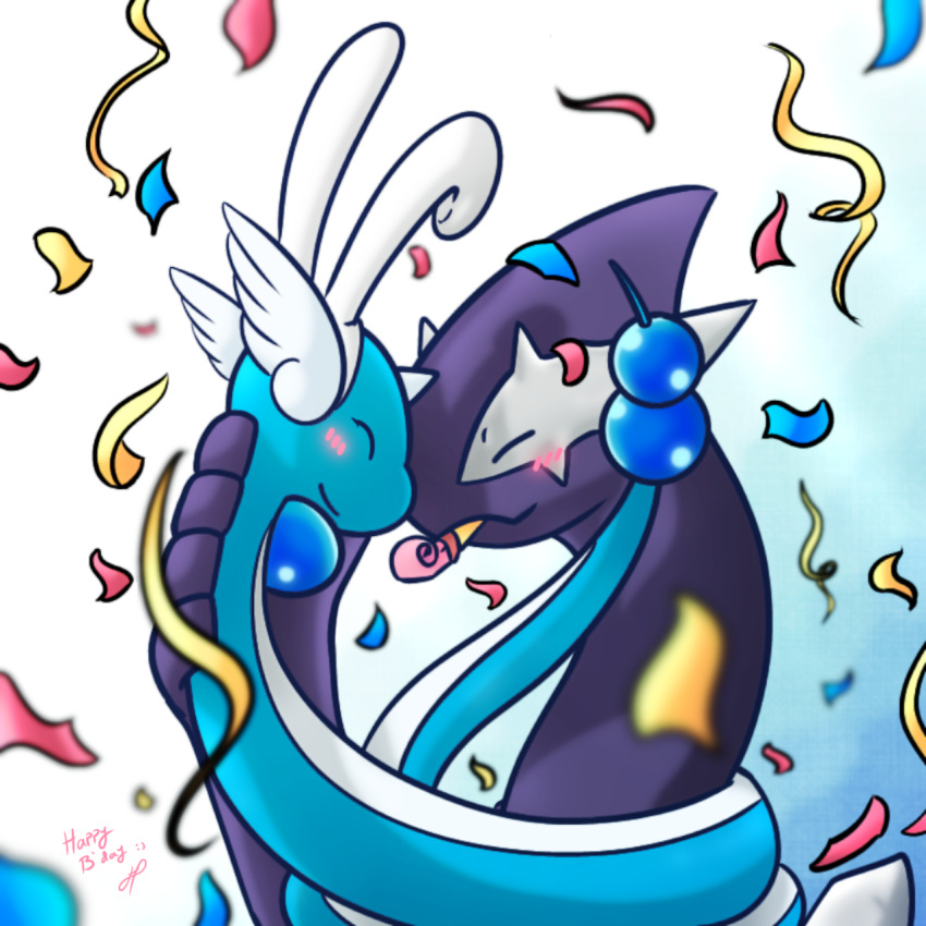 1:1 blush confetti dragonair duo fake_ears fake_rabbit_ears feral fridaylugia generation_1_pokemon generation_3_pokemon hi_res legendary_pokemon nintendo nude nuzzling party_horn pokemon pokemon_(species) serpentine shadow_lugia shadow_pokemon smile