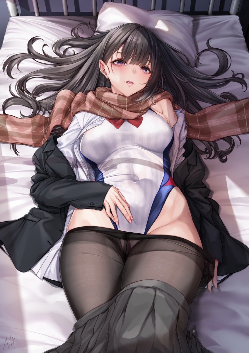 bare_shoulders black_hair black_jacket black_pantyhose blazer blunt_bangs blush bow bowtie breasts brown_scarf clothes_pull come_hither competition_swimsuit covered_navel crotch_seam female highleg highleg_swimsuit highres jacket kurofude_anna long_hair long_sleeves looking_at_viewer lying medium_breasts nail_polish off_shoulder on_back on_bed one-piece_swimsuit open_clothes open_jacket open_shirt original pantyhose pantyhose_over_swimsuit pantyhose_pull parted_lips pillow pink_nails plaid plaid_scarf pleated_skirt presenting purple_eyes red_bow red_bowtie scarf school_uniform shirt signature skirt skirt_pull solo swimsuit white_shirt