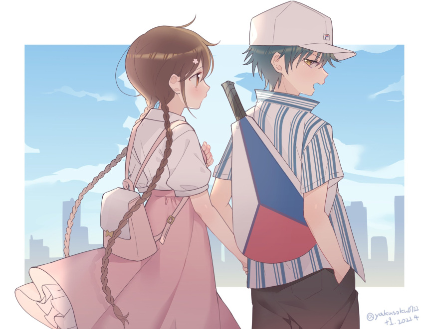 +1_(yakusoku0722) 1boy backpack bag black_hair braid brown_eyes brown_hair cityscape cloud commentary couple day dress echizen_ryooma female flower hair_flower hair_ornament hand_in_pocket highres holding_hands long_hair open_mouth outdoors pink_dress puffy_short_sleeves puffy_sleeves racket ryuuzaki_sakuno shirt short_hair short_sleeves standing straight striped_clothes striped_shirt tennis_no_ouji-sama tennis_racket twin_braids very_long_hair white_shirt yellow_eyes