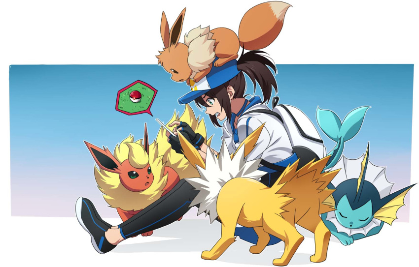 backpack bag baseball_cap black_footwear blue_headwear brown_hair commentary eevee female female_protagonist_(pokemon_go) flareon hat highres holding jolteon kurohane long_hair looking_at_object open_mouth poke_ball poke_ball_(basic) pokemon pokemon_(creature) pokemon_go ponytail shoes sitting spoken_object teeth tongue vaporeon white_bag