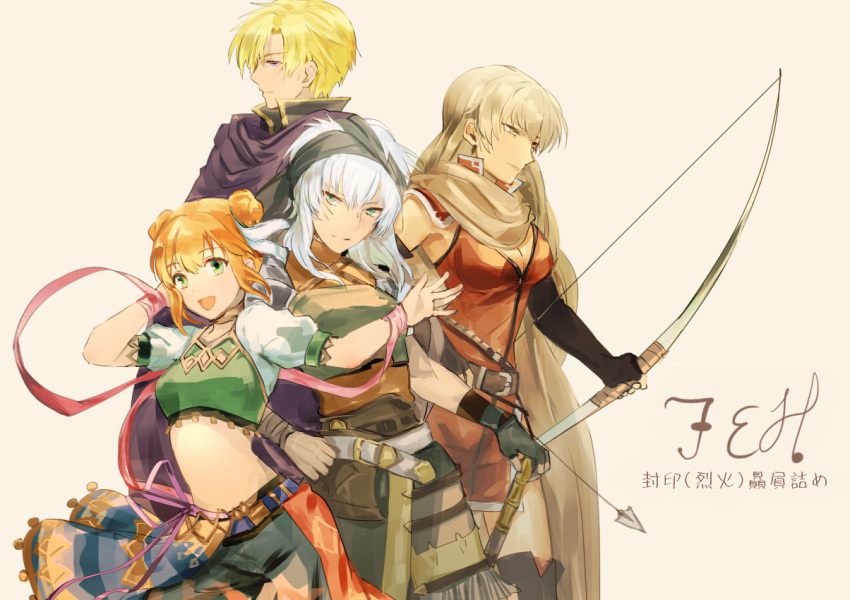 blonde_hair bow_(weapon) cloak dress echidna_(fire_emblem) fire_emblem fire_emblem:_the_binding_blade fire_emblem_heroes green_eyes group_picture igrene_(fire_emblem) larum_(fire_emblem) looking_at_viewer looking_to_the_side midriff no_navel perceval_(fire_emblem) pink_ribbon purple_eyes red_dress red_hair ribbon shoochiku_bai smile weapon white_hair yellow_eyes