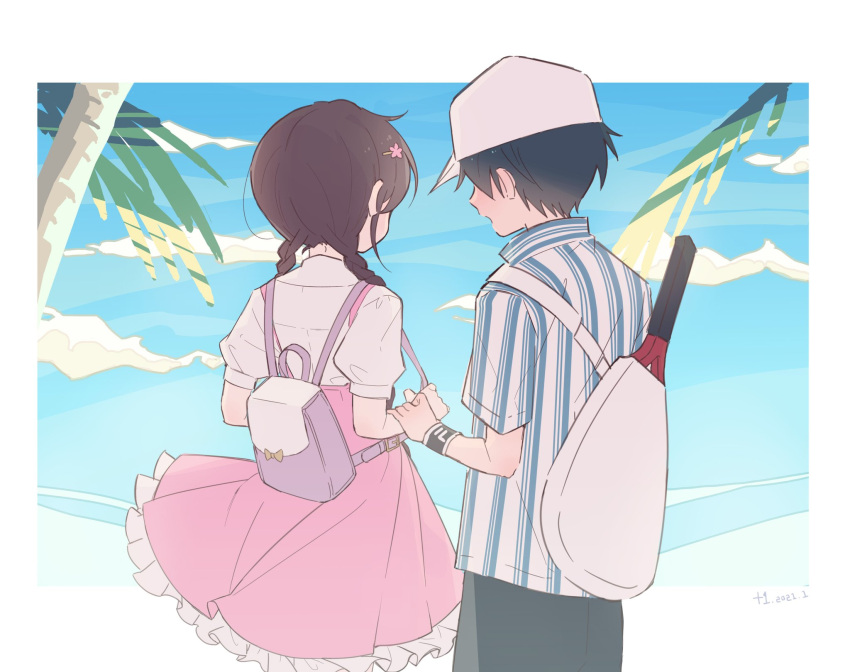 +1_(yakusoku0722) 1boy backpack bag black_hair braid brown_hair cloud commentary_request couple day dress echizen_ryooma female flower frilled_dress frills hair_flower hair_ornament hairclip highres long_hair outdoors palm_tree pink_dress puffy_short_sleeves puffy_sleeves racket ryuuzaki_sakuno school_uniform seishun_academy_school_uniform shirt short_hair short_sleeves standing straight striped_clothes striped_shirt tennis_no_ouji-sama tennis_racket tree twin_braids upper_body white_shirt