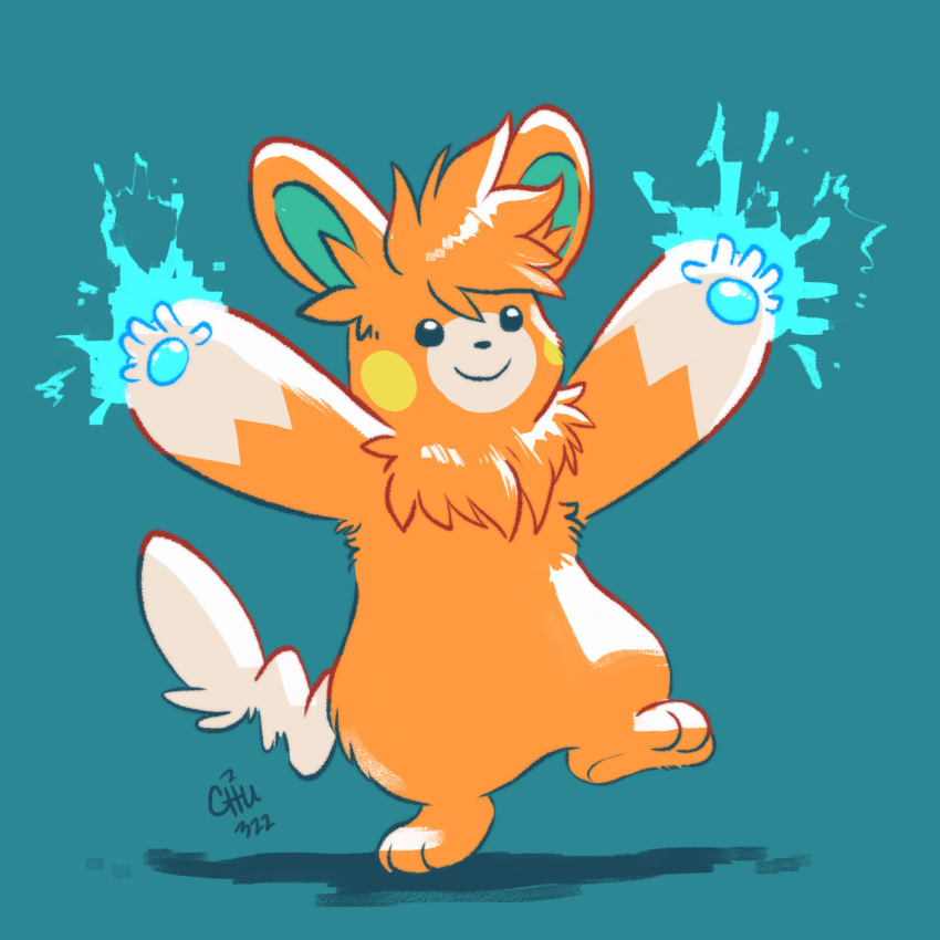 1:1 ambiguous_gender anthro black_eyes black_nose electricity fur generation_9_pokemon green_inner_ear hair hi_res neck_tuft nintendo orange_body orange_fur orange_hair pawmot paws pokemon pokemon_(species) simple_background smile solo tail the-chu tuft white_body white_fur white_tail