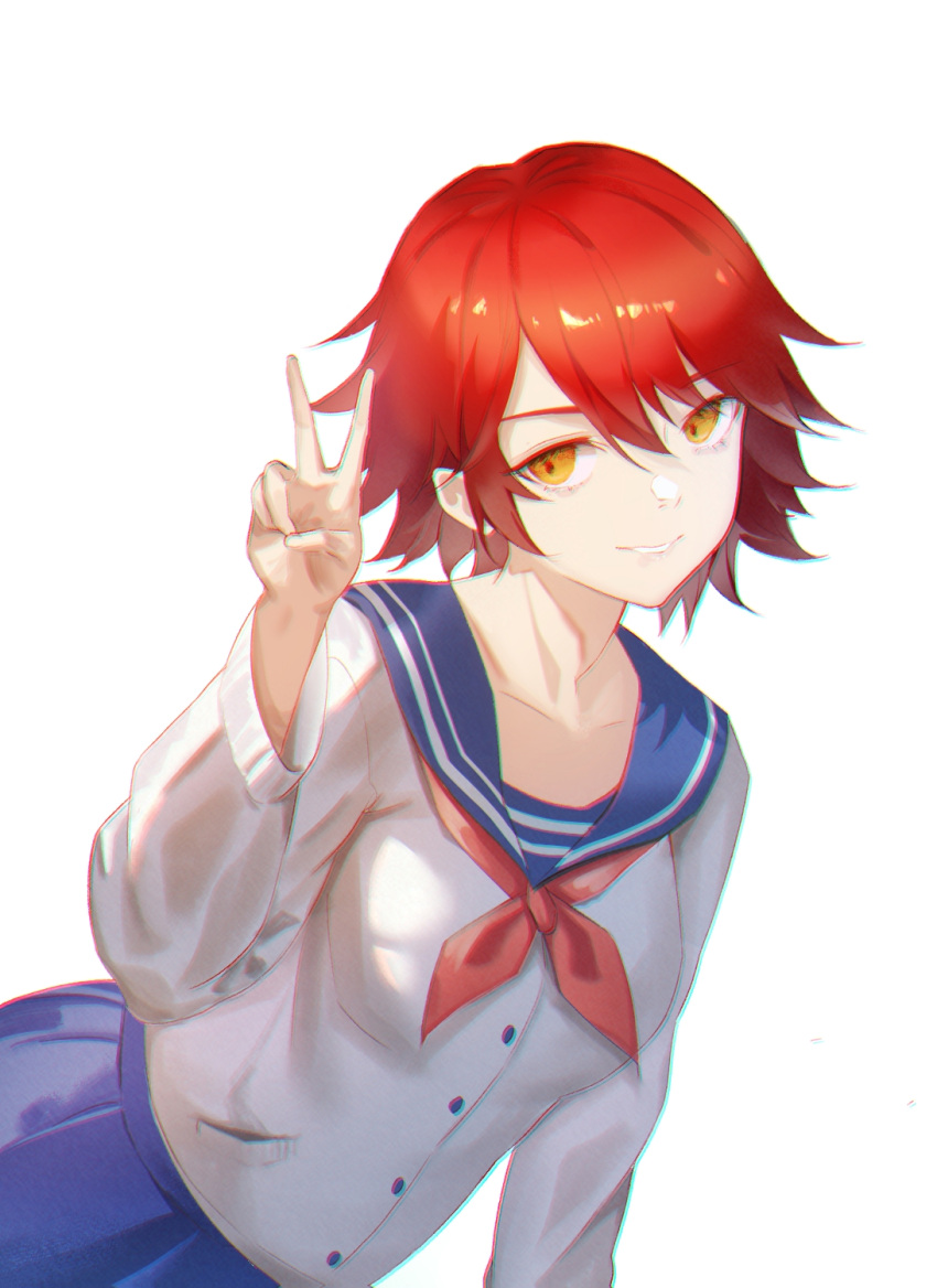 arknights blouse blue_sailor_collar blue_skirt exusiai_(arknights) eyes_visible_through_hair female hair_between_eyes highres long_sleeves neckerchief pat_bharasarn red_eyes red_hair red_neckerchief sailor_collar school_uniform shirt short_hair simple_background skirt solo upper_body v white_background white_shirt