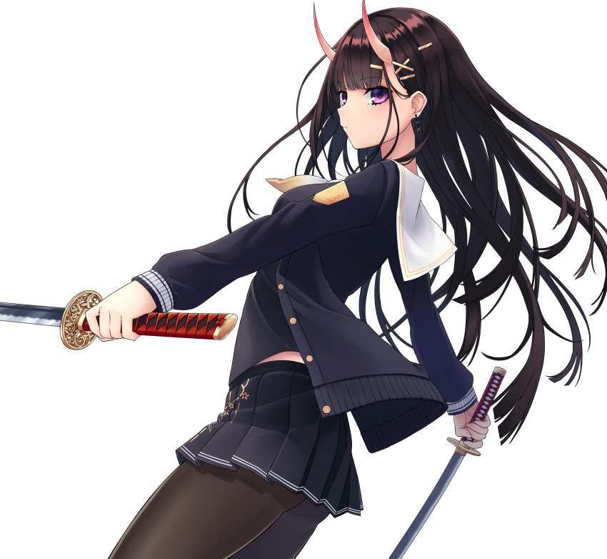 azur_lane black_cardigan black_hair black_shirt black_skirt blunt_bangs blush brown_pantyhose cardigan closed_mouth commentary_request dual_wielding earrings female foreshortening from_side hair_ornament hairclip highres holding holding_sword holding_weapon horns jewelry katana long_hair long_sleeves looking_at_viewer looking_to_the_side midriff_peek miniskirt nameko_houshi neckerchief noshiro_(azur_lane) open_cardigan open_clothes pantyhose pleated_skirt purple_eyes sailor_collar shirt simple_background skin-covered_horns skirt solo sword unbuttoned weapon white_background white_neckerchief white_sailor_collar x_hair_ornament