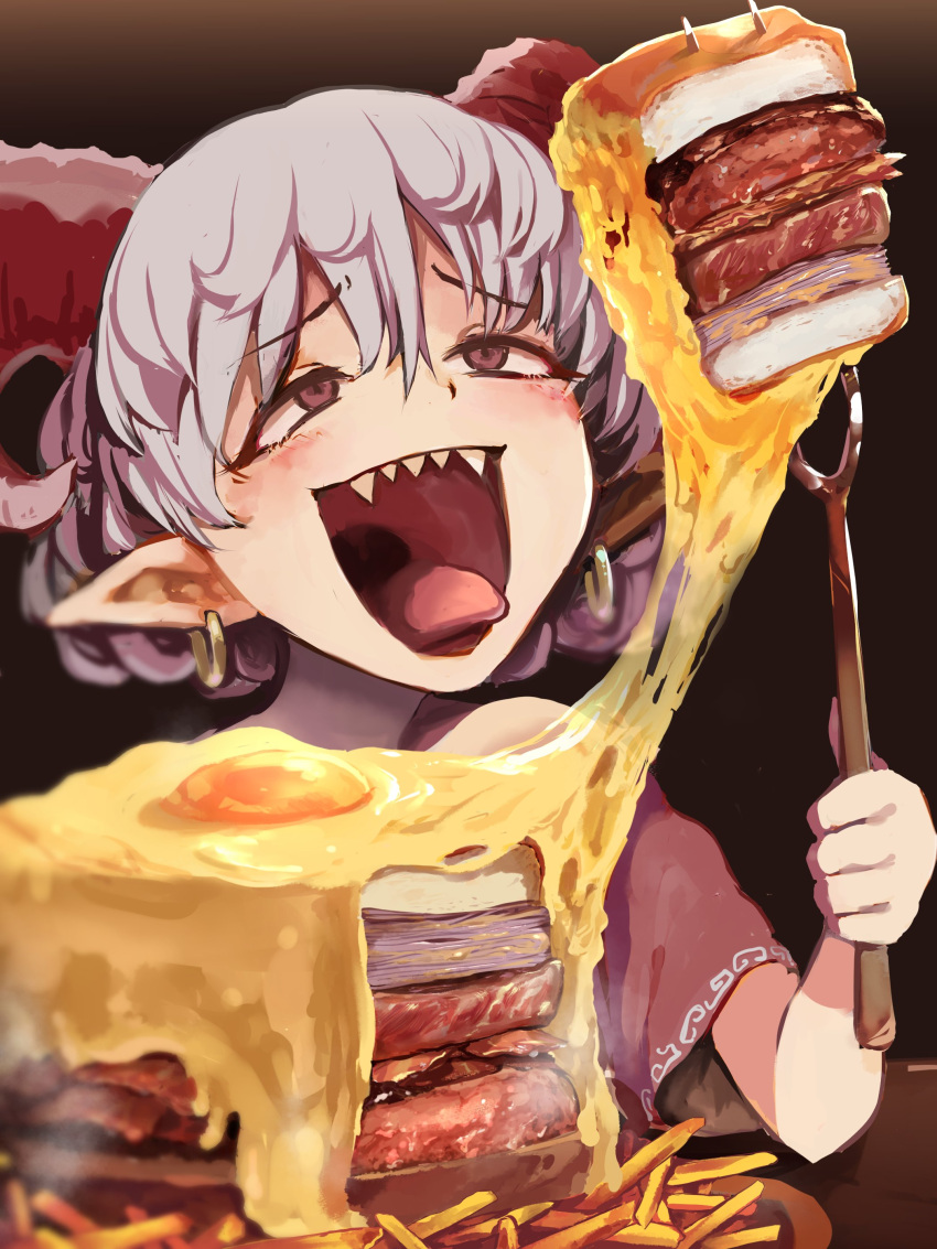 absurdres bad_id bad_twitter_id blue_vest carving_fork cheese curly_hair earrings female food french_fries gomeifuku highres horizontal_pupils horn_ornament horn_ribbon horns jewelry red_eyes red_horns ribbon sandwich sharp_teeth sheep_horns solo teeth tongue tongue_out touhou toutetsu_yuuma uvula vest white_hair