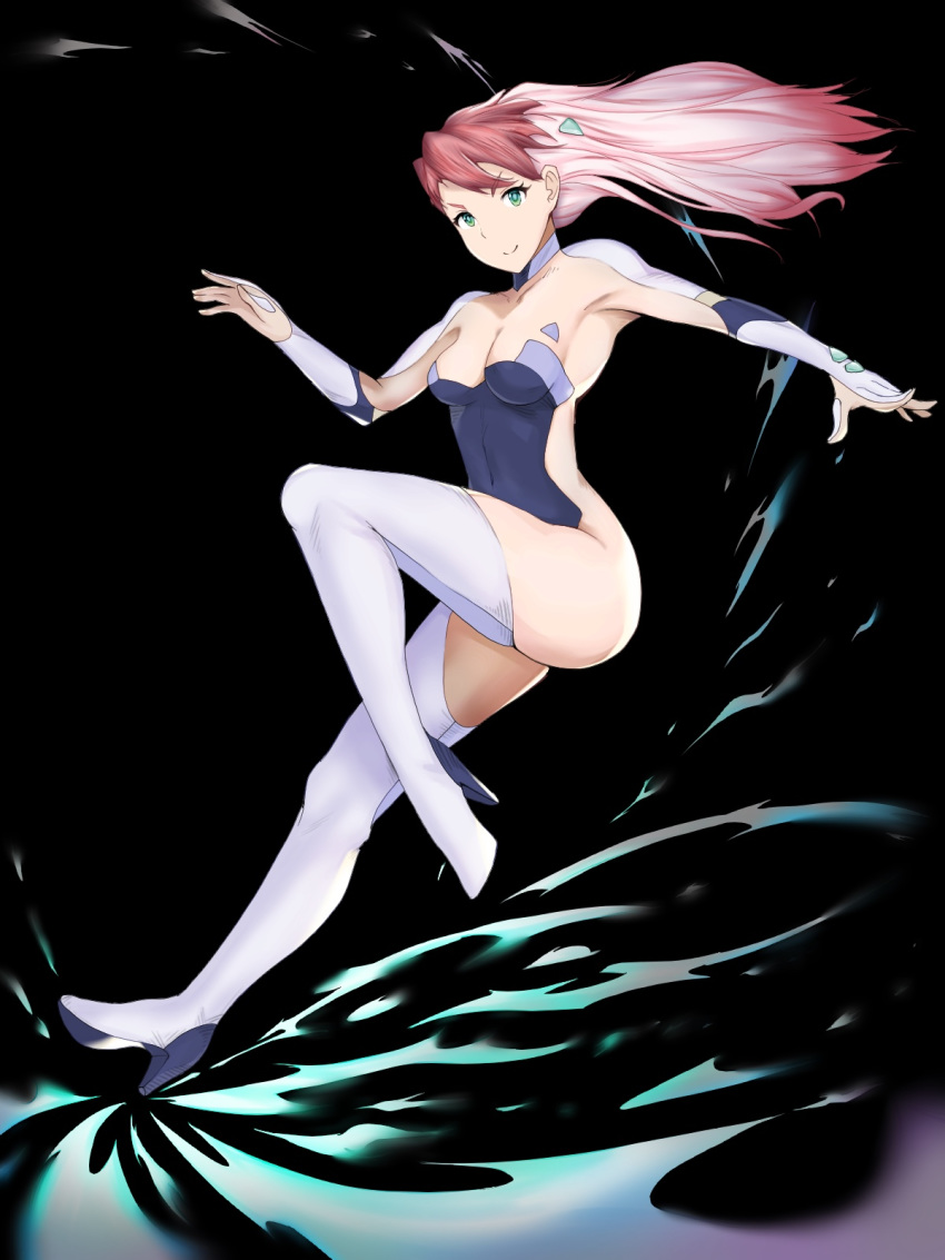 835283470 birdy_cephon_altera blue_leotard boots breasts cleavage closed_mouth elbow_gloves female gloves granblue_fantasy_(style) green_eyes highres leotard long_hair looking_at_viewer multicolored_hair pink_hair smile solo tetsuwan_birdy tetsuwan_birdy_decode thigh_boots thighhighs two-tone_hair white_hair