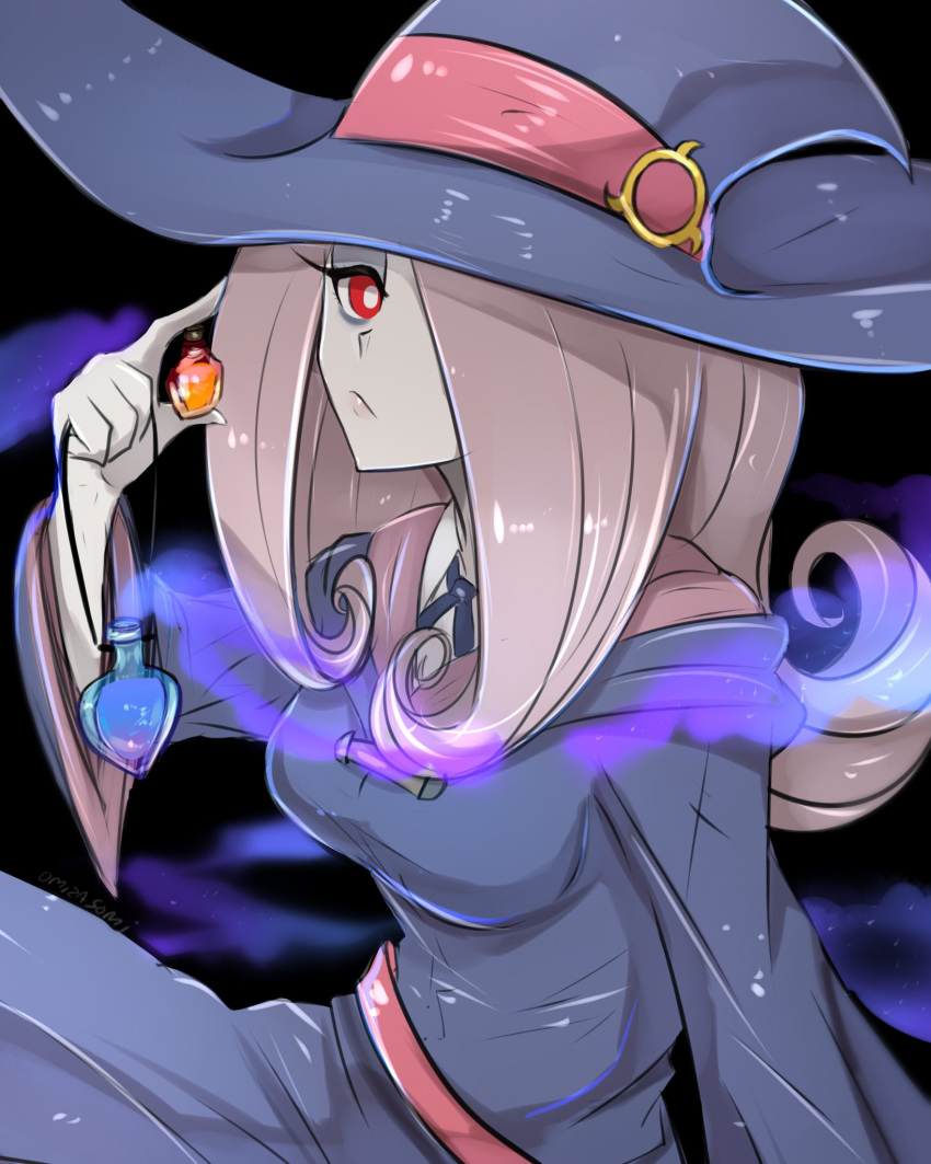 artist_name black_background breasts commentary expressionless female hair_over_one_eye hat highres holding light_purple_hair little_witch_academia long_hair looking_at_viewer luna_nova_school_uniform medium_breasts omiza_somi pale_skin potion red_eyes robe school_uniform signature simple_background solo sucy_manbavaran watermark wide_sleeves witch witch_hat