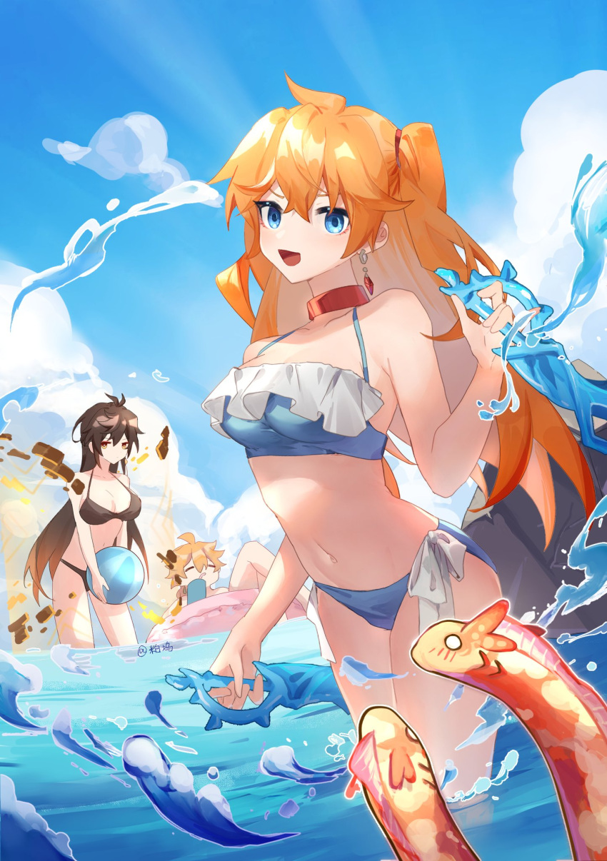 1boy 2girls aether_(genshin_impact) animal ball beachball bikini black_bikini blue_bikini blue_eyes blue_sky blush breasts brown_hair cleavage closed_eyes cloud commentary day dual_wielding earrings eel genderswap_(mtf) genshin_impact gradient_hair hair_between_eyes hair_ribbon highres holding holding_ball holding_weapon jewelry large_breasts long_hair looking_at_viewer medium_breasts multicolored_hair multiple_girls open_mouth orange_hair outdoors powu555 red_ribbon ribbon rule_63 single_earring sky swimsuit symbol-only_commentary tartaglia_(genshin_impact) twitter_username two_side_up very_long_hair wading water weapon zhongli_(genshin_impact)