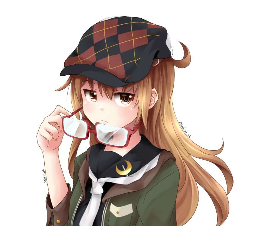 adapted_costume argyle_clothes argyle_hat beret black_serafuku brown_eyes brown_hair commentary_request crescent crescent_pin female glasses green_jacket hat highres jacket kantai_collection kuroneko86 long_hair looking_at_viewer mochizuki_(kancolle) necktie one-hour_drawing_challenge red-framed_eyewear school_uniform semi-rimless_eyewear serafuku simple_background solo twitter_username under-rim_eyewear unworn_eyewear upper_body white_background white_necktie