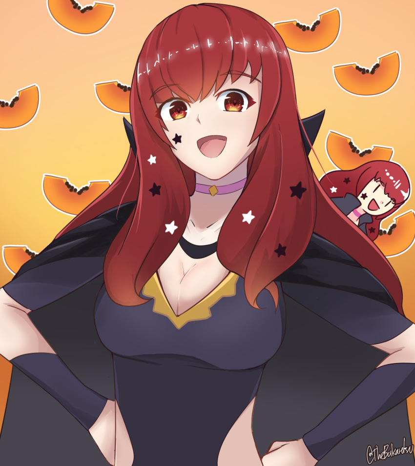 absurdres bakaretsu black_bodysuit bodysuit breasts chibi choker cleavage clothing_cutout commentary english_commentary facial_mark female fire_emblem fire_emblem_engage hair_ornament hands_on_own_hips highres long_hair looking_at_viewer medium_breasts open_mouth papaya pink_choker red_eyes red_hair smile star_(symbol) star_facial_mark star_hair_ornament twitter_username yunaka_(fire_emblem)