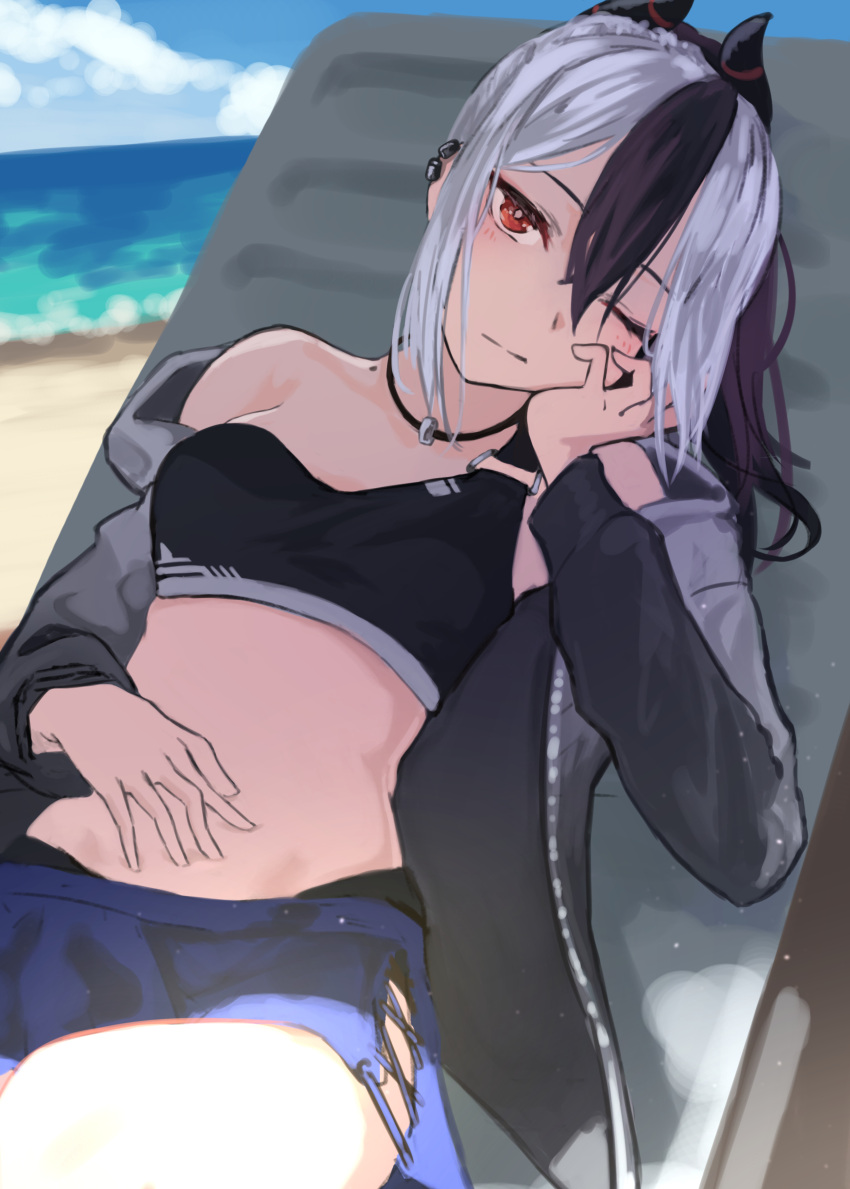 absurdres bikini bikini_under_clothes black_bikini black_hair blue_archive blue_shorts blush chair choker day ear_piercing female grey_hair grey_jacket hand_on_own_stomach highres horns jacket kayoko_(blue_archive) kuro_shiraga long_sleeves lounge_chair medium_hair mole multicolored_hair one_eye_closed outdoors piercing reclining red_eyes shorts sidelocks single_bare_shoulder solo swimsuit two-tone_hair