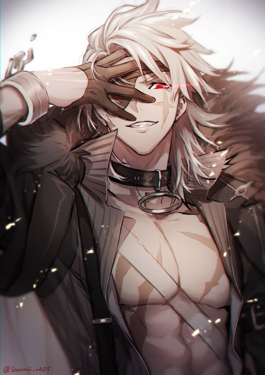 1boy abs alchemy_stars black_coat black_collar black_gloves broken broken_chain chains coat collar eye_trail eyepatch fur-trimmed_coat fur_trim gloves grey_background grey_hair grin half_gloves highres light_trail looking_at_viewer male_focus open_clothes open_coat pectoral_cleavage pectorals red_eyes scar scar_across_eye scar_on_chest scar_on_face simple_background smile solo sonomi taki_(alchemy_stars) toned toned_male twitter_username upper_body