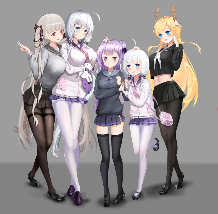 5girls absurdres atago_(azur_lane) atago_(azur_lane)_(cosplay) atago_(school_traumerei)_(azur_lane) azur_lane black_footwear black_pantyhose black_sailor_collar black_serafuku black_shirt black_skirt black_sweater black_thighhighs blonde_hair blue_eyes bow breasts brown_skirt cardigan chinese_commentary cosplay crop_top crop_top_overhang formidable_(azur_lane) grey_background grey_sweater hairbow hand_in_own_hair hand_on_another's_head highres illustrious_(azur_lane) large_breasts laurel_crown leg_up light_brown_hair little_illustrious_(azur_lane) long_hair looking_at_viewer low_twintails medium_breasts microskirt midriff miniskirt mole mole_under_eye multiple_girls neckerchief niballl pantyhose pink_neckerchief pleated_skirt purple_footwear purple_hair purple_sailor_collar purple_skirt red_eyes sailor_collar school_uniform serafuku shirt shoes simple_background skirt stuffed_winged_unicorn sweater takao_(azur_lane) takao_(azur_lane)_(cosplay) takao_(school_romanza)_(azur_lane) thighband_pantyhose thighhighs twintails unicorn_(azur_lane) unicorn_(azur_lane)_(cosplay) unicorn_(long-awaited_date)_(azur_lane) very_long_hair victorious_(azur_lane) white_cardigan white_hair white_neckerchief white_pantyhose zettai_ryouiki