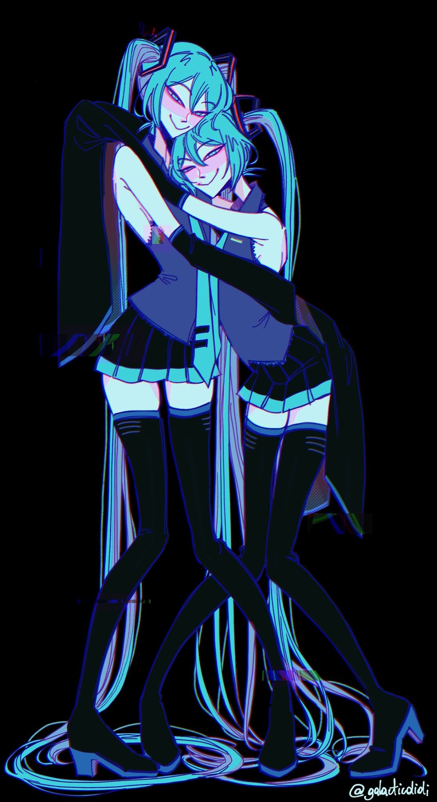 2girls absurdly_long_hair black_background black_footwear black_skirt blue_eyes blue_hair blue_necktie blush boots clone collared_shirt commentary detached_sleeves didi_(galacticdidi) english_commentary full_body glitch grey_shirt hatsune_miku highres hug long_hair looking_at_viewer multiple_girls necktie shirt skirt sleeveless sleeveless_shirt sleeves_past_fingers sleeves_past_wrists smile standing thigh_boots thighhighs twintails twitter_username very_long_hair vocaloid