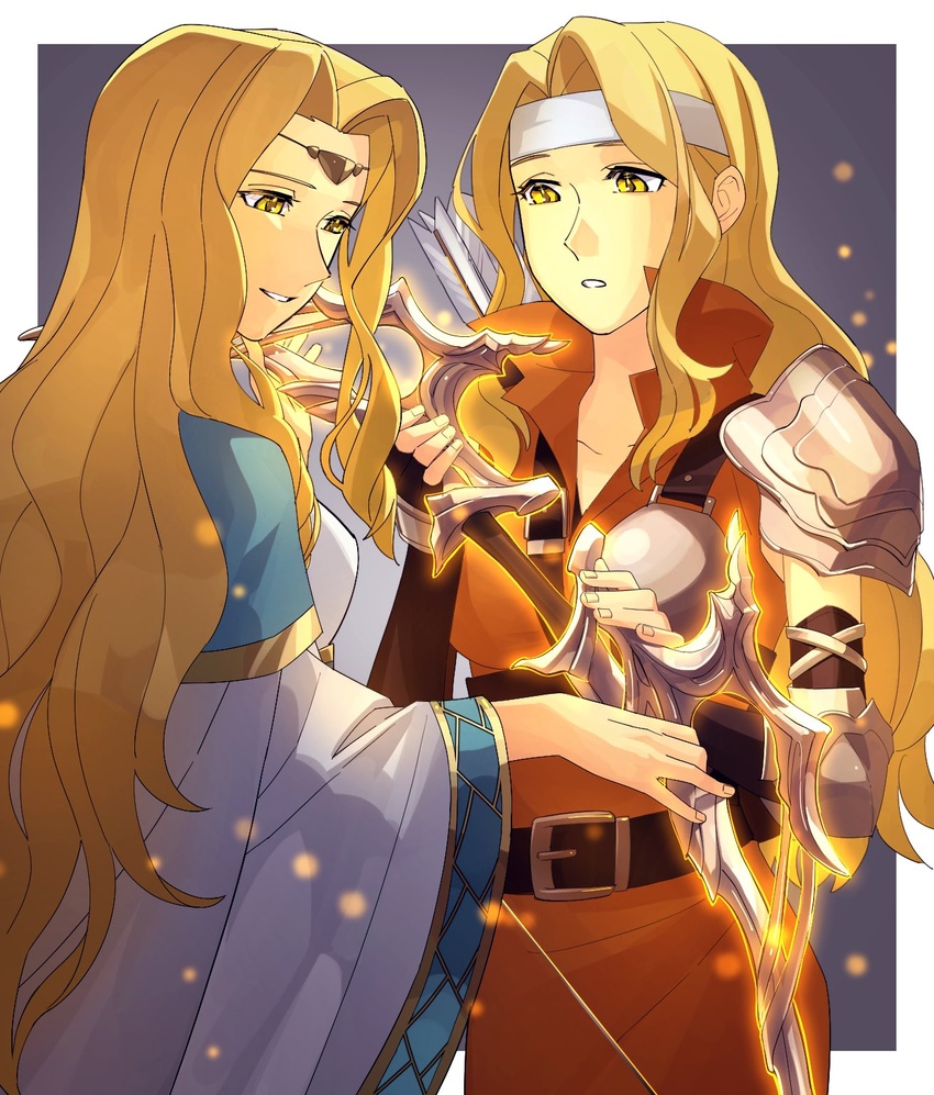 2girls armor asagi_(banzoku210) belt blonde_hair bow_(weapon) brigid_(fire_emblem) circlet dress edain_(fire_emblem) fingerless_gloves fire_emblem fire_emblem:_genealogy_of_the_holy_war gloves headband highres long_hair long_sleeves multiple_girls shoulder_armor siblings sisters twins weapon yellow_eyes yewfelle_(fire_emblem)