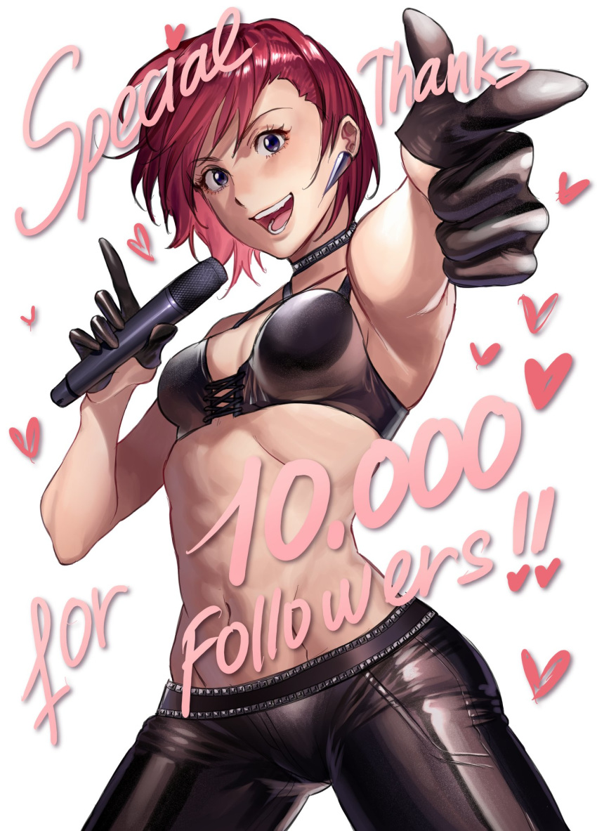 belt black_bra black_choker black_gloves bra breasts choker commentary earrings english_commentary female finger_gun gloves groin half_gloves han_soo-min_(hanny) hanny_(uirusu_chan) highres holding holding_microphone idol jewelry leather leather_pants lips looking_at_viewer microphone milestone_celebration navel open_mouth original pants pointing pointing_at_viewer purple_eyes red_hair short_hair small_breasts smile solo studded_belt studded_choker teeth tekken thank_you toned underwear