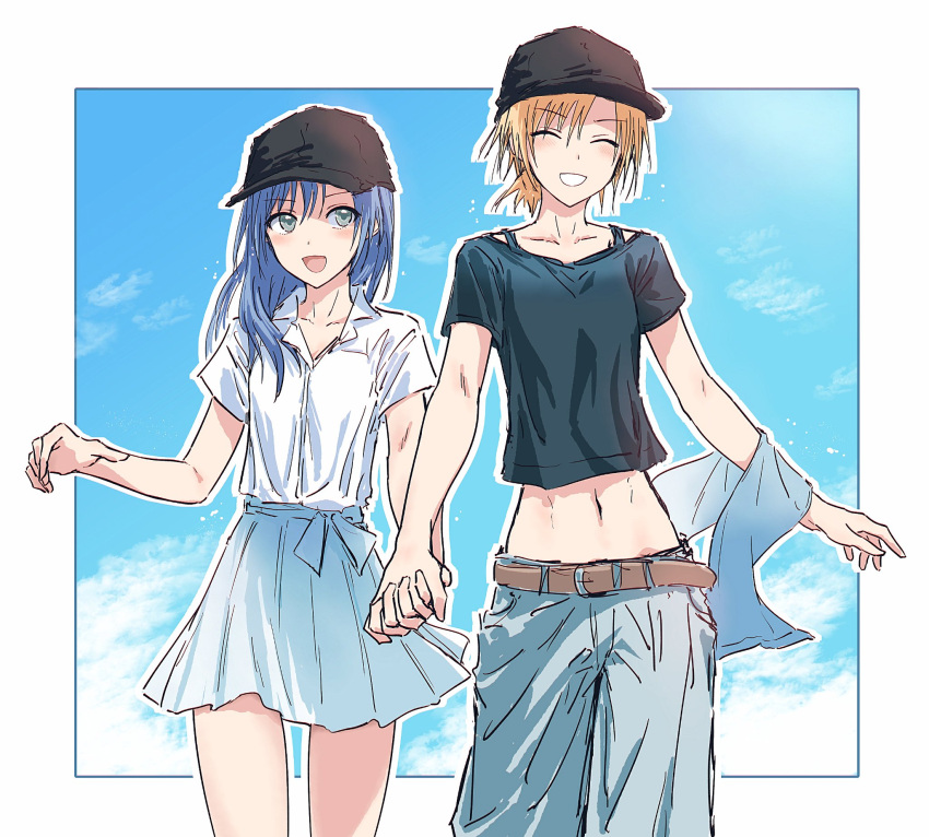 2girls asahi_rokka bad_id bad_twitter_id bang_dream! baseball_cap belt black_headwear black_shirt blonde_hair blue_hair blue_skirt blue_sky border bra_strap bullfalk closed_eyes cloud collarbone collared_shirt commentary_request cowboy_shot crop_top grey_eyes grey_pants hand_up hat highres holding_hands interlocked_fingers long_hair midriff multiple_girls navel open_mouth outside_border pants pleated_skirt sato_masuki shirt short_hair skirt sky smile teeth towel_on_arm white_border white_shirt yuri