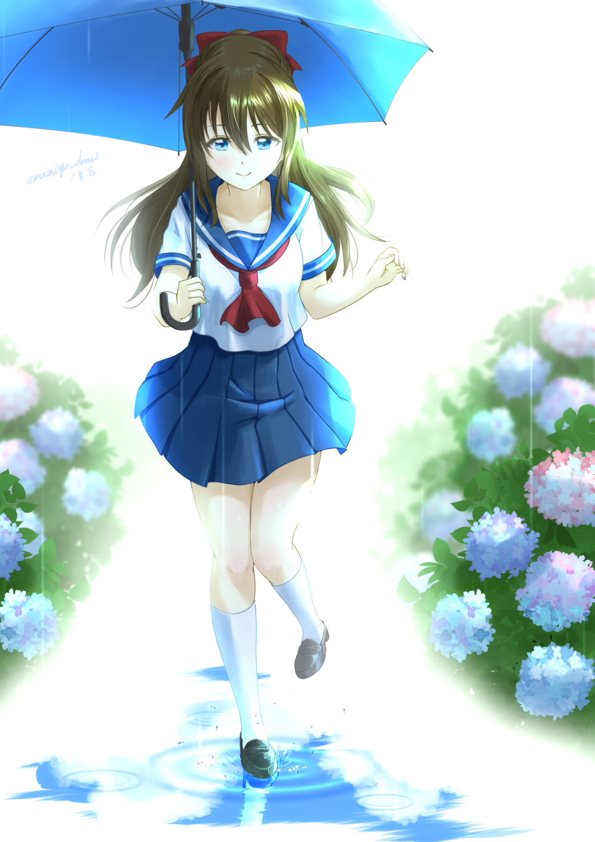 amamiya_(re-amamiya) blouse blue_eyes bow brown_hair female flower hair_between_eyes hairbow half_updo highres hydrangea long_hair love_live! love_live!_nijigasaki_high_school_idol_club neckerchief osaka_shizuku pleated_skirt ponytail rain red_bow sailor_collar school_uniform serafuku shirt sidelocks skirt solo umbrella