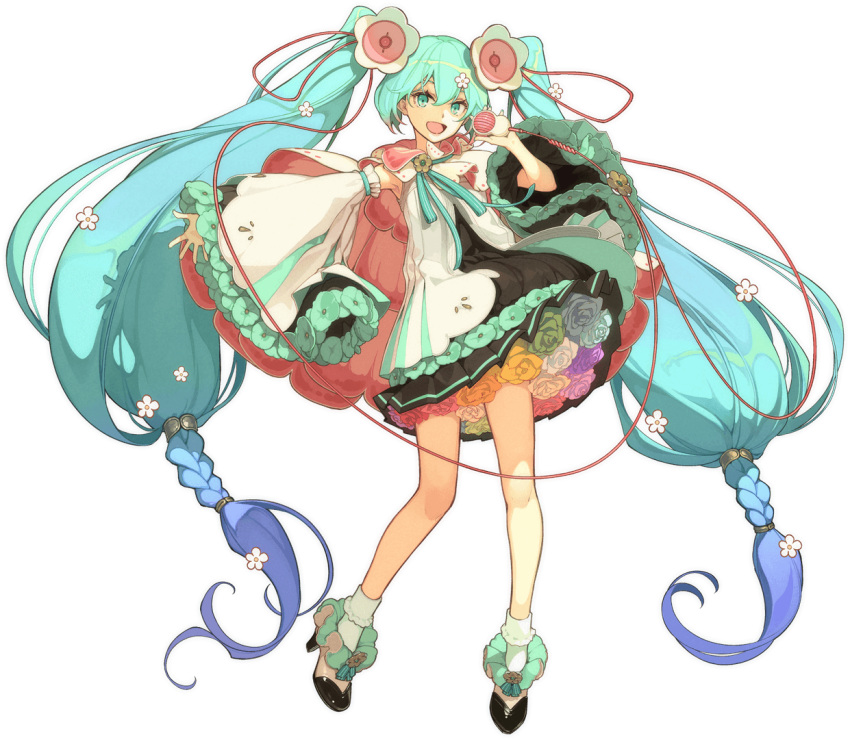 absurdly_long_hair aqua_flower aqua_hair black_sleeves blue_flower blue_hair braid cable colorful crypton_future_media detached_sleeves dress dress_flower female flower flower-trimmed_dress flower-trimmed_sleeves flower_underskirt frilled_dress frilled_sleeves frills full_body gradient_hair green_flower hair_flower hair_ornament hatsune_miku hatsune_tenchikaibyaku_shinwa_(vocaloid) hidari_(left_side) high_heels layered_sleeves long_hair looking_at_viewer magical_mirai_(vocaloid) magical_mirai_miku magical_mirai_miku_(2021) microphone multicolored_hair official_art open_mouth outstretched_arm piapro pink_flower purple_flower rainbow_order red_flower smile solo transparent_background twin_braids twintails very_long_hair vocaloid white_flower white_sleeves yellow_flower