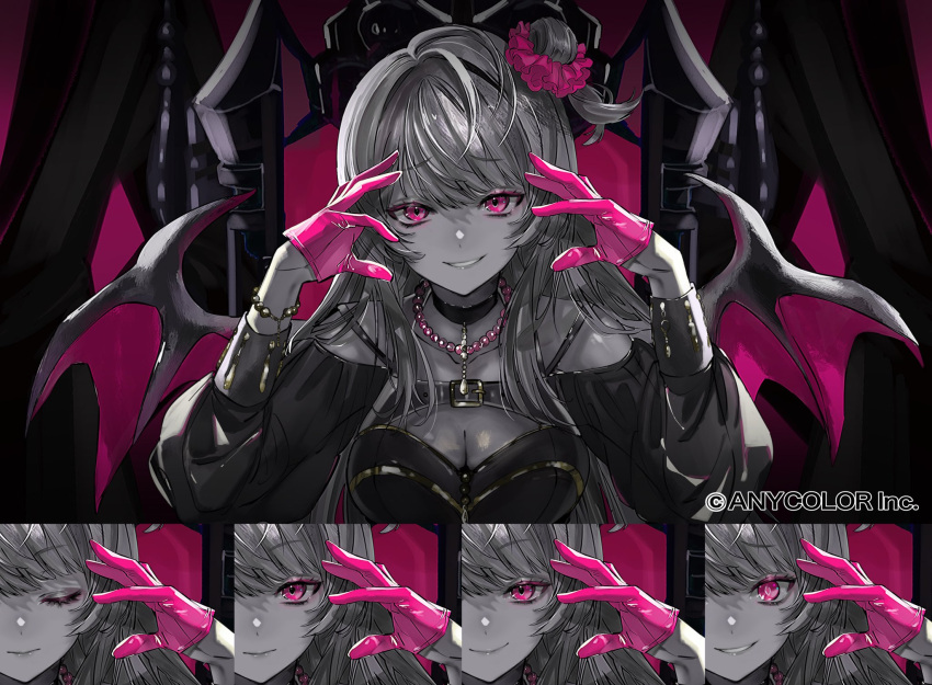 breasts cleavage closed_eyes commentary_request demon_lord_(vocaloid) demon_wings eyeshadow female gloves hair_bun half_gloves highres hmng jewelry kotoka_torahime long_hair makeup necklace nijisanji nijisanji_en official_art pearl_necklace pink_eyeshadow pink_gloves pink_hair single_side_bun smile solo spot_color virtual_youtuber wings