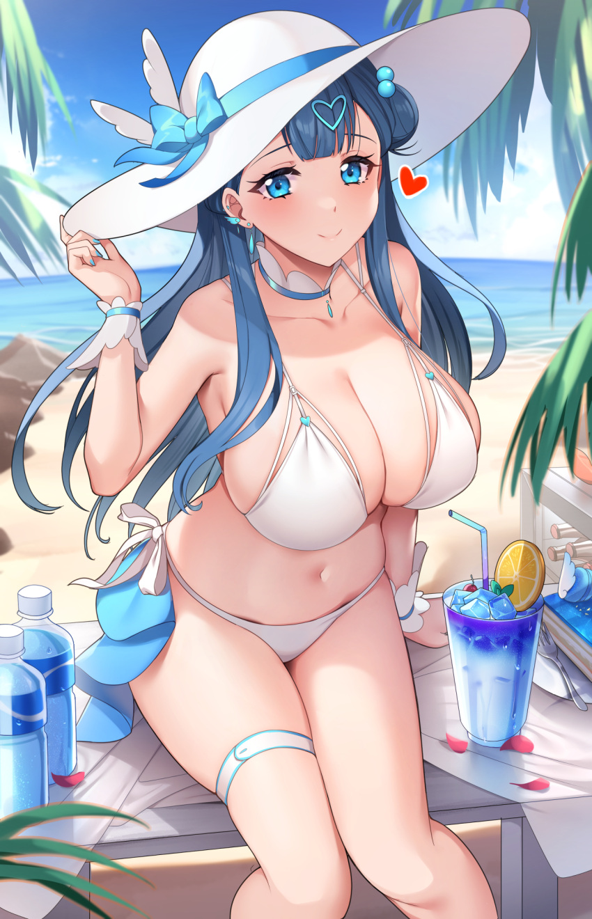 bare_arms bare_shoulders bikini blue_eyes blue_hair blue_nails breasts cleavage closed_mouth collarbone commentary cup day drink drinking_glass drinking_straw female hat heart highres horizon hugtto!_precure large_breasts light_smile long_hair looking_at_viewer nail_polish navel ocean outdoors precure rumo sitting solo summer sun_hat swimsuit symbol-only_commentary thigh_strap white_bikini white_hat wrist_cuffs yakushiji_saaya