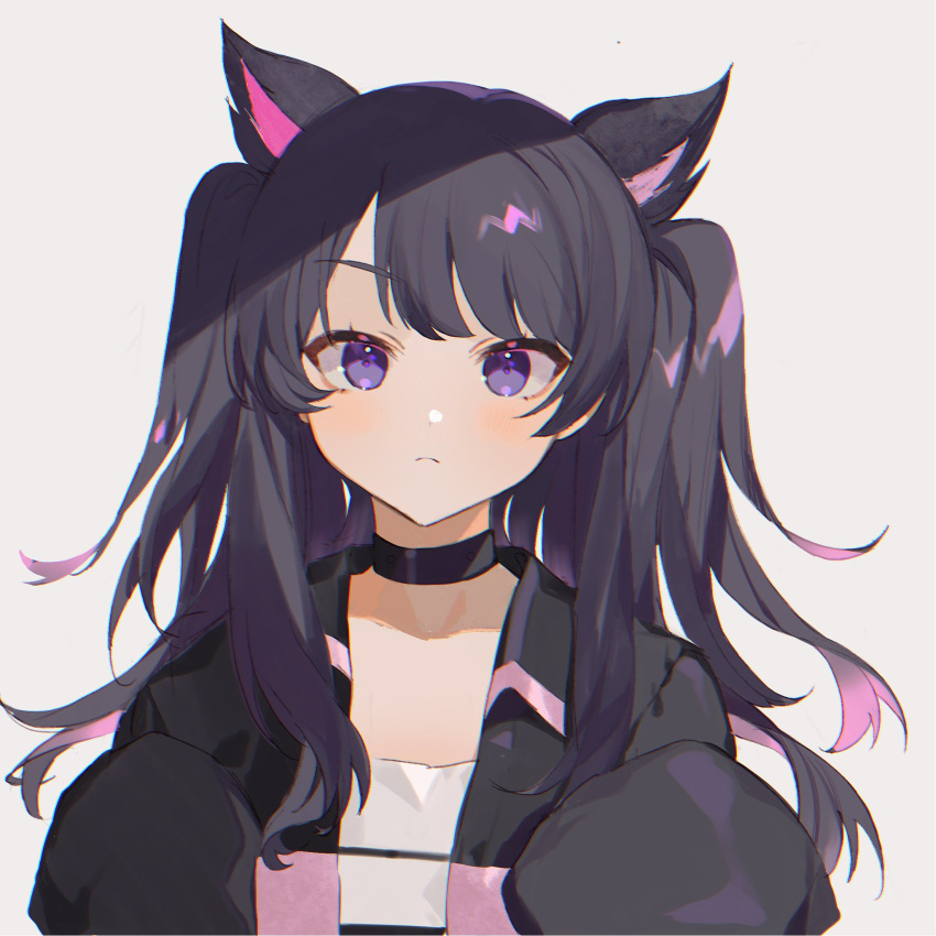 animal_ears bad_id bad_twitter_id black_choker black_hair black_jacket blush cat_ears cat_girl choker eyebrows_hidden_by_hair female frown grey_background highres indie_virtual_youtuber jacket nima_(nimamann) portrait second-party_source shimotsuki_miri shirt sleeves_past_fingers sleeves_past_wrists smile solo two_side_up virtual_youtuber white_shirt