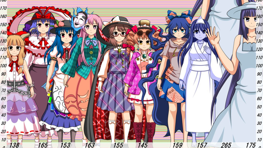 6+girls antinomy_of_common_flowers barefoot black_cape black_eyes black_footwear black_hair black_headwear black_skirt blouse blue_bow blue_eyes blue_hair blue_skirt blunt_bangs boots bow bowtie bracelet breasts bright_pupils brown_eyes brown_footwear brown_hair bubble_skirt buttons cape circle closed_mouth coat commentary cross-laced_footwear cuffs drawstring dress drill_hair eyewear_on_head fedora footwear_bow frilled_shawl frills full_body glasses green_bow green_shirt grey_eyes grey_hoodie hagoromo hairbow hasshaku-sama hat hat_bow hata_no_kokoro height_chart hinanawi_tenshi hood hoodie hopeless_masquerade horn_ornament horn_ribbon horns ibuki_suika immaterial_and_missing_power japanese_clothes jewelry kimono large_breasts long_hair long_skirt long_sleeves low-tied_long_hair mask mask_on_head medium_breasts metal_belt mini_hat mini_top_hat multiple_girls nagae_iku noh_mask okiku_(banchou_sarayashiki) orange_eyes orange_hair orange_skirt pendant pink_eyes pink_hair plaid plaid_shirt plaid_skirt plaid_vest pleated_skirt puffy_short_sleeves puffy_sleeves purple_bow purple_bowtie purple_coat purple_eyes purple_hair purple_ribbon purple_skirt purple_vest quimbaya_airplane rainbow_order red_bow red_bowtie red_eyes red_skirt ribbon ribbon-trimmed_skirt ribbon_trim right-over-left_kimono ring round_eyewear runes sandals scarlet_weather_rhapsody semi-rimless_eyewear shackles shawl shiroshouzoku shirt short_hair short_sleeves skirt smile socks standing star_(symbol) sunglasses sutekase top_hat torn_clothes torn_sleeves touhou touhou_hisoutensoku triangle triangular_headpiece twin_drills under-rim_eyewear urban_legend_in_limbo usami_sumireko very_long_hair vest wavy_hair white_bow white_dress white_footwear white_kimono white_legwear white_pupils white_shirt wide_sleeves yorigami_jo'on yorigami_shion