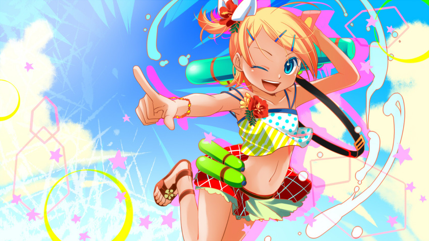 ;d alternate_costume alternate_hairstyle arched_back armpits bikini bikini_skirt blonde_hair blue_eyes blue_sky bottle bracelet cloud collarbone commentary day female flat_chest flower flower_ornament hair_ornament hairclip hibiscus highres index_finger_raised jewelry junji kagamine_rin leg_up lens_flare looking_at_viewer midriff multicolored_clothes multicolored_swimsuit navel one_eye_closed open_mouth over_shoulder pointing pointing_at_viewer pointing_up polka_dot polka_dot_bikini sandals side_ponytail sky smile solo star_(symbol) striped_bikini striped_clothes swimsuit tan tankini vocaloid water_bottle water_gun