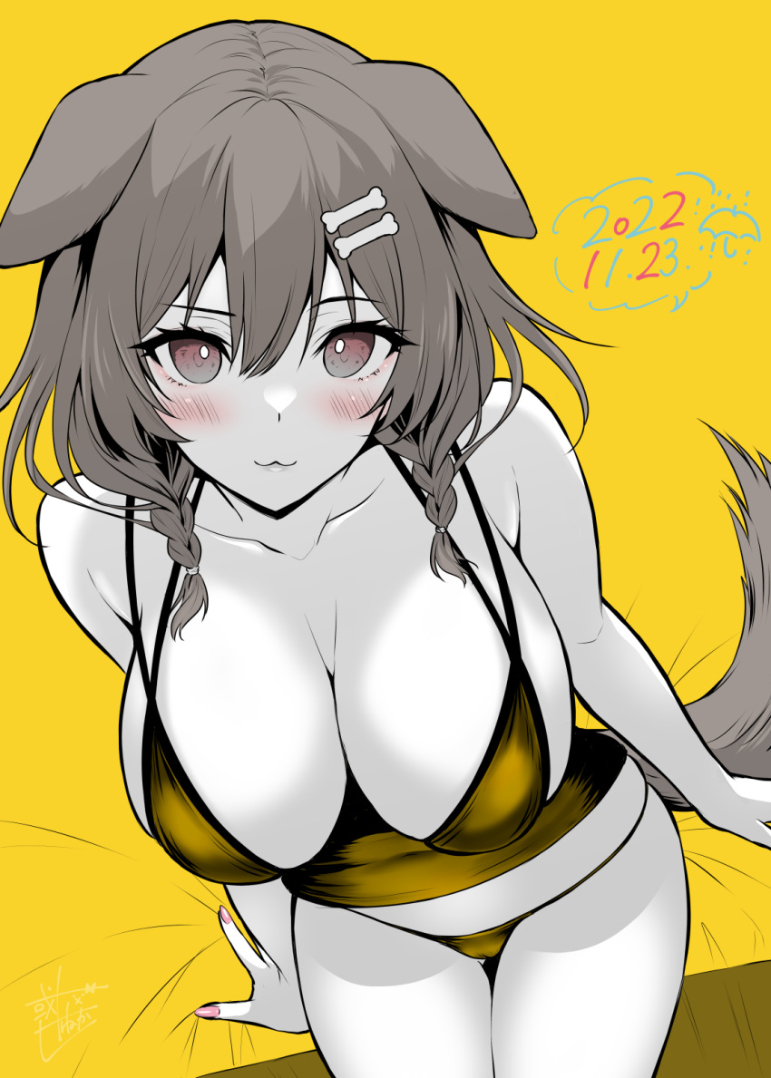 :3 alternate_costume alto_seneka animal_ears bikini blush bone_hair_ornament braid breasts cleavage closed_mouth collarbone commentary cowboy_shot dated dog_ears dog_tail female from_above greyscale_with_colored_background hair_between_eyes hair_ornament highres hololive inugami_korone large_breasts lips looking_at_viewer medium_hair nail_polish on_bed partially_colored pink_nails raised_eyebrow red_eyes signature simple_background sitting smile smug solo string_bikini swimsuit tail twin_braids virtual_youtuber yellow_background yellow_bikini