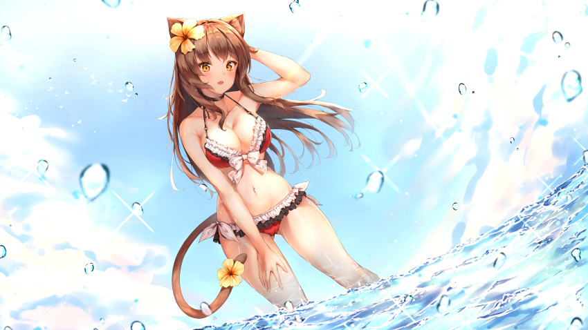 absurdres animal_ears arm_up arms_behind_head bare_arms bare_shoulders bikini black_choker blue_sky blush breasts brown_eyes brown_hair cat_ears cat_girl cat_tail choker cleavage collarbone commentary day dutch_angle effiez_(vtuber) female flower frilled_bikini frills front-tie_bikini_top front-tie_top hair_flower hair_ornament halterneck hand_on_own_thigh highres ijac_ray indie_virtual_youtuber large_breasts long_hair looking_at_viewer navel oerba_yun_fang open_mouth outdoors red_bikini side-tie_bikini_bottom skin_fang sky solo standing stomach swimsuit tail tail_flower tail_ornament virtual_youtuber wading water yellow_flower