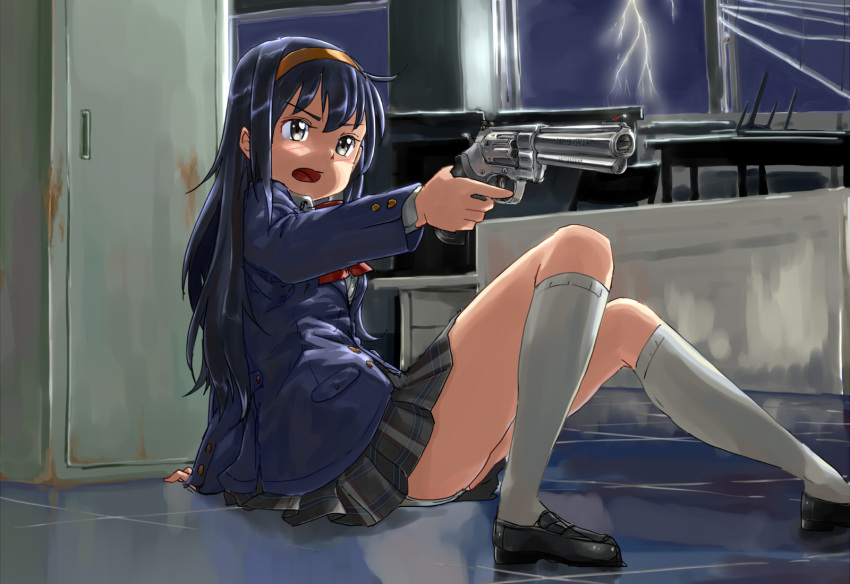 aiming black_eyes black_hair black_skirt blue_jacket blush bow bowtie breasts commentary_request doraemon:_nobita_no_biohazard female full_body gun hairband highres holding holding_gun holding_weapon indoors jacket kneehighs lightning long_hair long_sleeves looking_afar medium_breasts midorikawa_seina morgan_(adfx01f) on_floor open_mouth panties plaid plaid_skirt pleated_skirt red_bow red_bowtie revolver shirt skirt smith_&_wesson socks solo_focus underwear weapon white_panties white_shirt white_socks window yellow_hairband