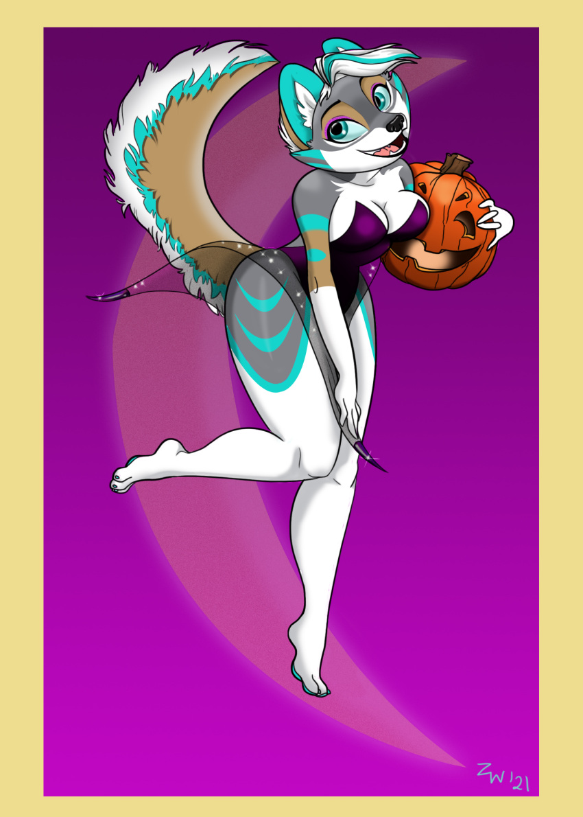 anthro border bottomwear breasts canid canine canis cheek_tuft cleavage clothed clothing clothing_aside facial_tuft fangs female fluffy fluffy_tail food fruit fur green_highlights green_pawpads hair hi_res highlights_(coloring) inner_ear_fluff jack-o'-lantern leotard leotard_aside lips mammal multicolored_body multicolored_fur open_mouth open_smile pawpads paws plant pumpkin purple_background simple_background skirt smile solo tail teeth thick_bottom_lip translucent translucent_bottomwear translucent_clothing translucent_skirt tuft white_hair wide_eyed wolf yellow_border zephyri_q_wolf zephyriwolf