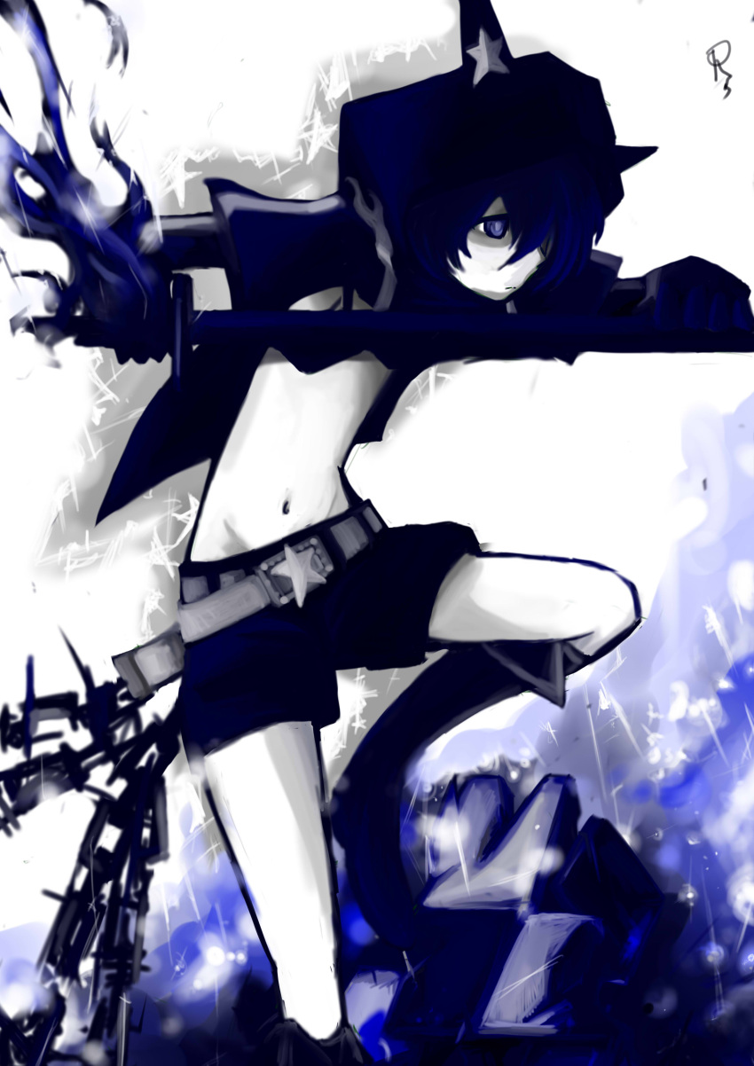 absurdres bikini black_rock_shooter black_rock_shooter_(character) blue_eyes blue_hair commentary_request female highres midriff navel oshin0_(zheng) shorts solo swimsuit sword weapon