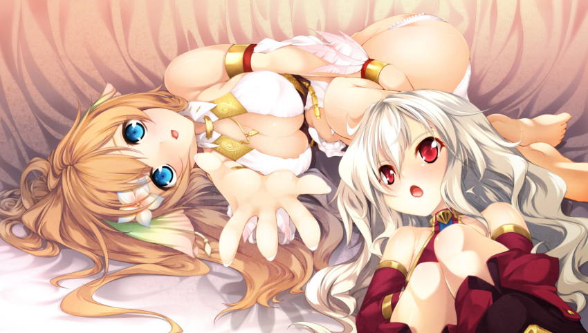 2girls bare_shoulders barefoot between_breasts blue_eyes breasts brown_hair casty_rianoit ciel_nosurge cleavage commentary_request flower hair_flower hair_ornament highres ionasal_kkll_preciel itsuki_(spitbreak) jewelry lying medium_breasts multiple_girls necklace on_back on_side open_mouth photoshop_(medium) red_eyes surge_concerto white_hair