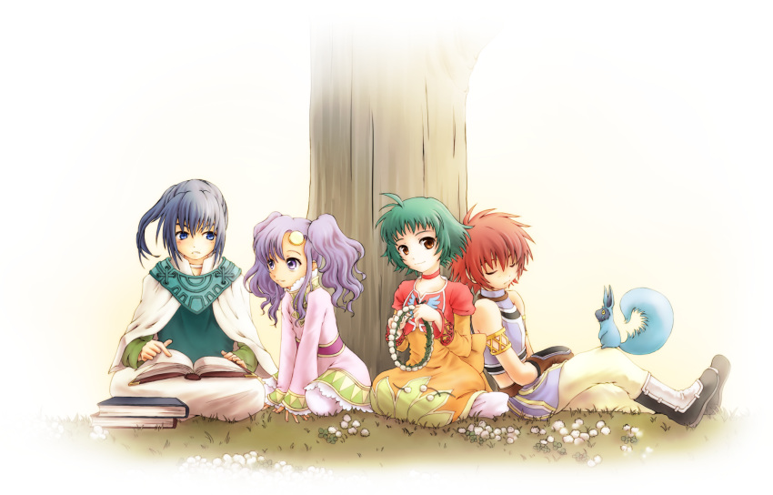 2boys 2girls bad_id bad_pixiv_id blue_eyes blue_hair book boots brown_eyes choker closed_eyes creature cropped_jacket dress farah_oersted green_hair group_picture highres keele_zeibel kururi_(oekaki_nikki) long_hair meredy_(tales) messy_hair multiple_boys multiple_girls orange_dress pants pantyhose pink_skirt ponytail purple_eyes purple_hair quickie_(tales) red_choker red_hair reid_hershel shawl short_hair skirt sleeping smile tales_of_(series) tales_of_eternia tree twintails white_legwear