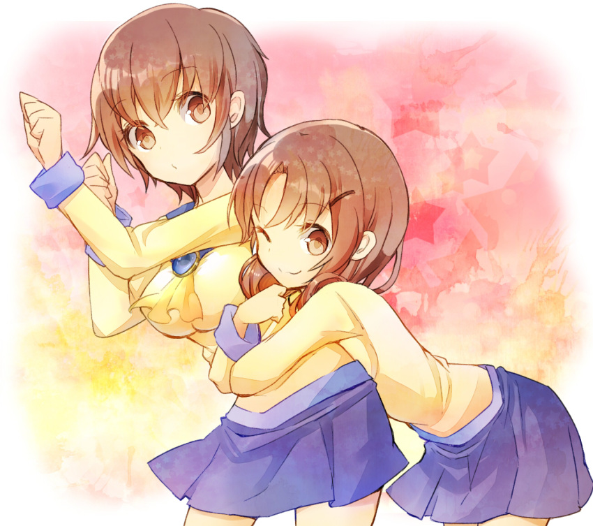 2girls bad_id bad_pixiv_id brown_eyes brown_hair corpse_party hug multiple_girls nakashima_naomi one_eye_closed school_uniform shinohara_seiko yuui1994