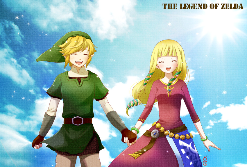 1boy bad_id bad_pixiv_id belt blonde_hair bracelet cloud day female gloves hat holding_hands jewelry link long_hair machinosuke pointy_ears princess_zelda sky smile the_legend_of_zelda the_legend_of_zelda:_skyward_sword