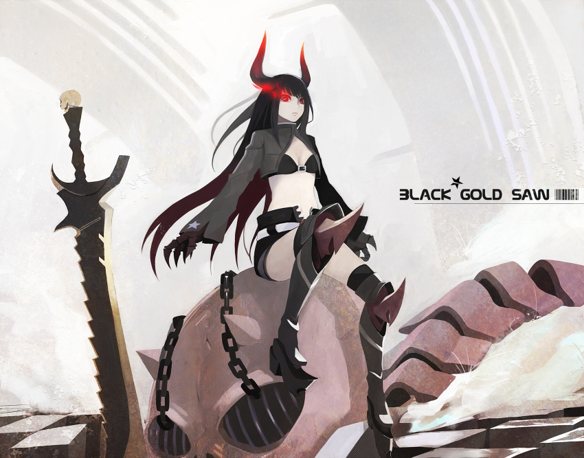 bikini bikini_top_only black_gold_saw black_hair black_rock_shooter black_shorts boots chains character_name commentary_request elrowa female flaming_eye highres horns king_saw long_hair looking_at_viewer midriff navel pale_skin red_eyes shorts sitting skull solo swimsuit thighhighs