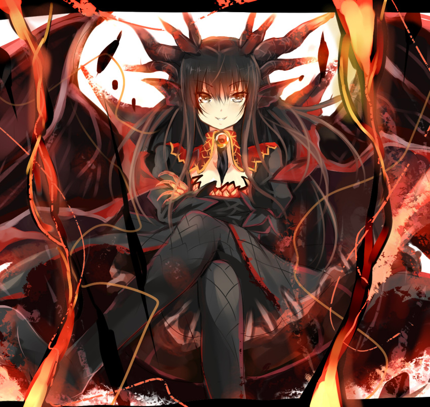 animal_ears bad_id bad_pixiv_id black_hair crossed_arms crossed_legs dragon dragon_girl fatalis female grin highres horns long_hair monster_girl monster_hunter_(series) personification sitting smile solo umitsuki