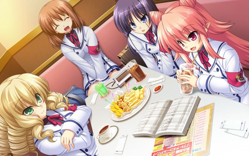 4girls blonde_hair blue_eyes book brown_hair chu_chu_idol chu_x_chu!_on_the_move chu_x_chu_idol drink everyone food game_cg green_eyes group highres indoors multiple_girls pink_hair pointy_ears purple_hair school_uniform straw table uniform