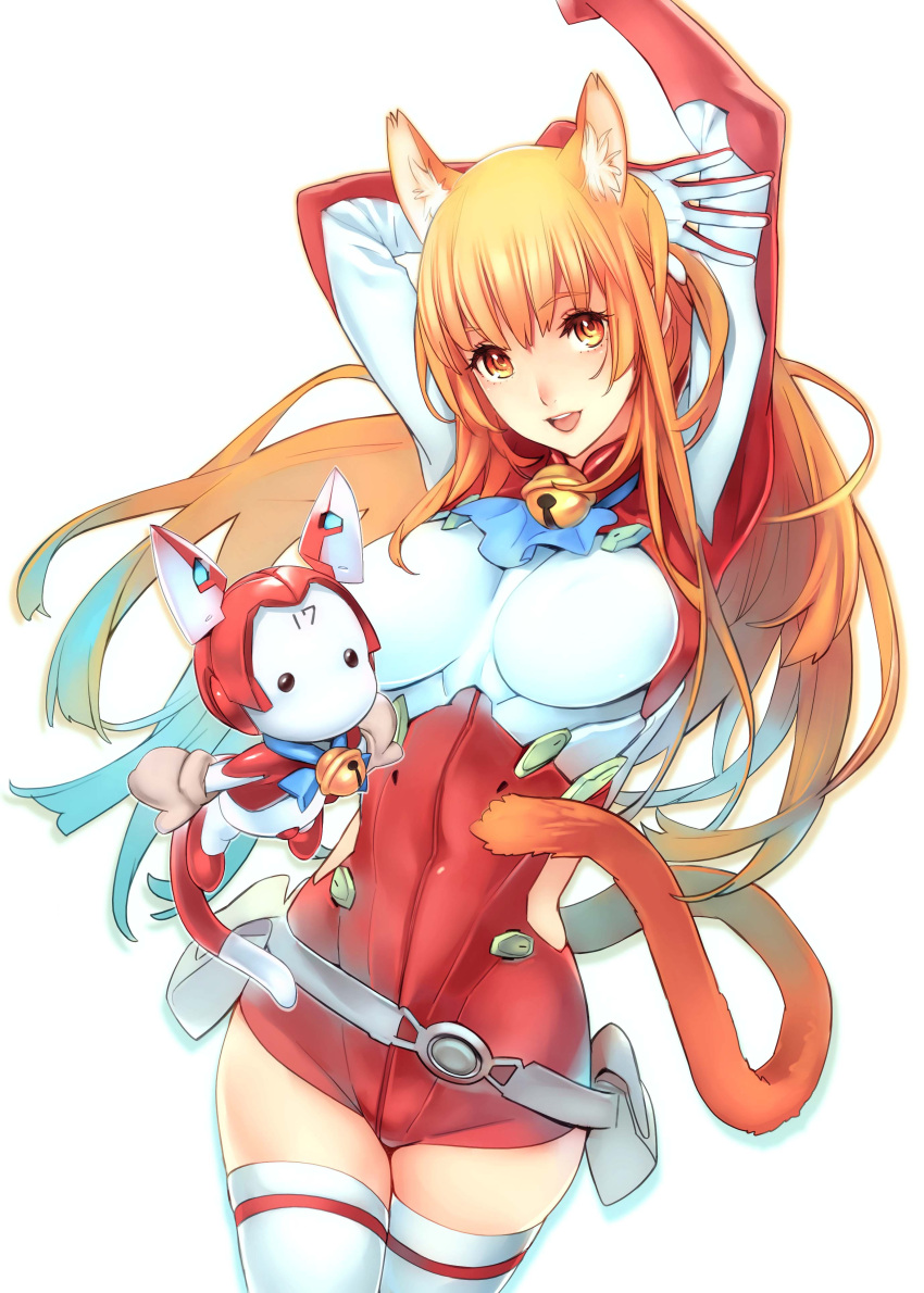 :d absurdres animal_ears aqua_hair arm_behind_head arms_up asobi_ni_iku_yo! assist-a-roid assistaroid bad_link bell belt belt_pouch bracer breasts breasts_apart cat_ears cat_girl cat_tail clothing_cutout collar cowboy_shot eris_(asobi_ni_iku_yo!) extra_ears female gloves gradient_hair happy highres impossible_clothes large_breasts leaning leotard long_hair looking_at_viewer loose_belt multicolored_hair neck_bell nishieda no_mouth no_nose open_mouth orange_eyes orange_hair photoshop_(medium) pouch red_leotard robot shadow side_cutout simple_background smile tail thighhighs turtleneck very_long_hair white_background white_legwear