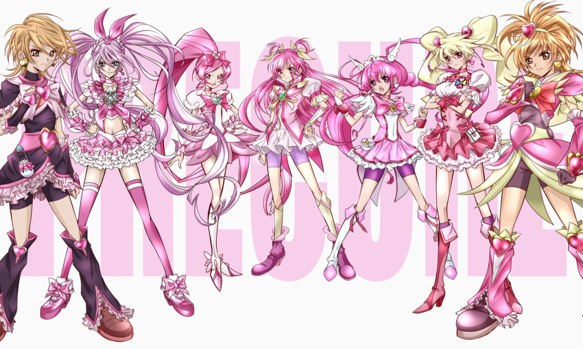 6+girls bad_id bad_pixiv_id bike_shorts black_footwear blonde_hair blue_eyes boots bow brooch brown_hair butterfly_brooch choker color_connection copyright_name crossed_arms cure_black cure_bloom cure_blossom cure_dream cure_happy cure_melody cure_peach earrings eyelashes fresh_precure! futari_wa_precure futari_wa_precure_splash_star hair_ornament hanasaki_tsubomi hand_on_own_hip hands_on_own_hips heart heart_brooch heart_hair_ornament heartcatch_precure! high_ponytail highres hoshizora_miyuki houjou_hibiki hyuuga_saki in-franchise_crossover jewelry knee_boots kojikoji long_hair magical_girl midriff misumi_nagisa momozono_love multiple_girls navel odd_one_out pink_arm_warmers pink_bow pink_choker pink_eyes pink_footwear pink_hair pink_legwear pink_shorts pink_skirt pink_theme pink_wrist_cuffs ponytail precure precure_all_stars short_hair shorts shorts_under_skirt skirt smile_precure suite_precure thighhighs tiara twintails very_long_hair wrist_cuffs yes!_precure_5 yumehara_nozomi