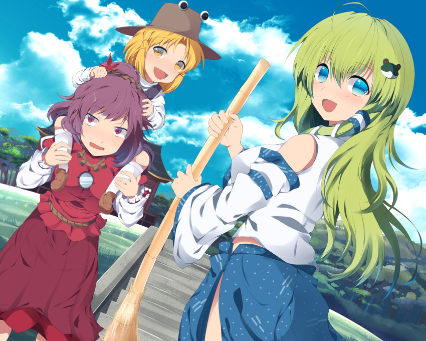 3girls bad_id bad_pixiv_id blonde_hair blue_eyes blush breasts broom detached_sleeves frog frog_hair_ornament green_hair hair_ornament hair_ribbon hair_tubes hat highres kochiya_sanae leaf long_hair medium_breasts mizukami_ryouma moriya_suwako multiple_girls open_mouth outdoors purple_hair red_eyes ribbon rope shimenawa short_hair skirt small_breasts smile snake sweatdrop touhou white_legwear yasaka_kanako yellow_eyes