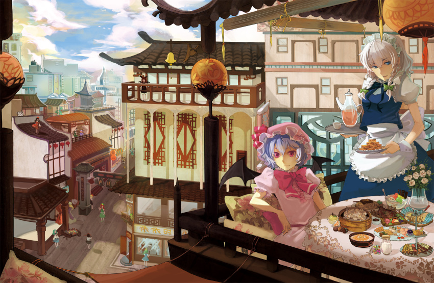 6+girls :d aneater apple apron architecture arm_up balcony bat_wings beret black_dress blonde_hair blue_dress blue_eyes blue_hair bow bread broom building candy cart china_dress chinese_clothes chocolate cirno city cloud commentary_request daiyousei day detached_sleeves dress east_asian_architecture fish flower food fruit green_dress green_hair hairbow hakurei_reimu hat hat_bow head_wings highres hong_meiling izayoi_sakuya kebab kirisame_marisa knife koakuma kochiya_sanae konpaku_youmu lace ladder lantern long_hair maid maid_headdress muffin multiple_girls no_wings noodles open_mouth pagoda parasol peeking_out photoshop_(medium) pink_hair pudding purple_dress pushcart railing red_eyes red_hair remilia_scarlet rose rumia saigyouji_yuyuko scenery shameimaru_aya shirt short_hair side_ponytail sitting skirt skirt_set sky smile star_(symbol) table tablecloth taiyaki teapot tiered_tray tokin_hat touhou tray triangular_headpiece umbrella vase wagashi waist_apron waving white_flower white_hair white_rose white_shirt window wings witch_hat yakumo_yukari |_|