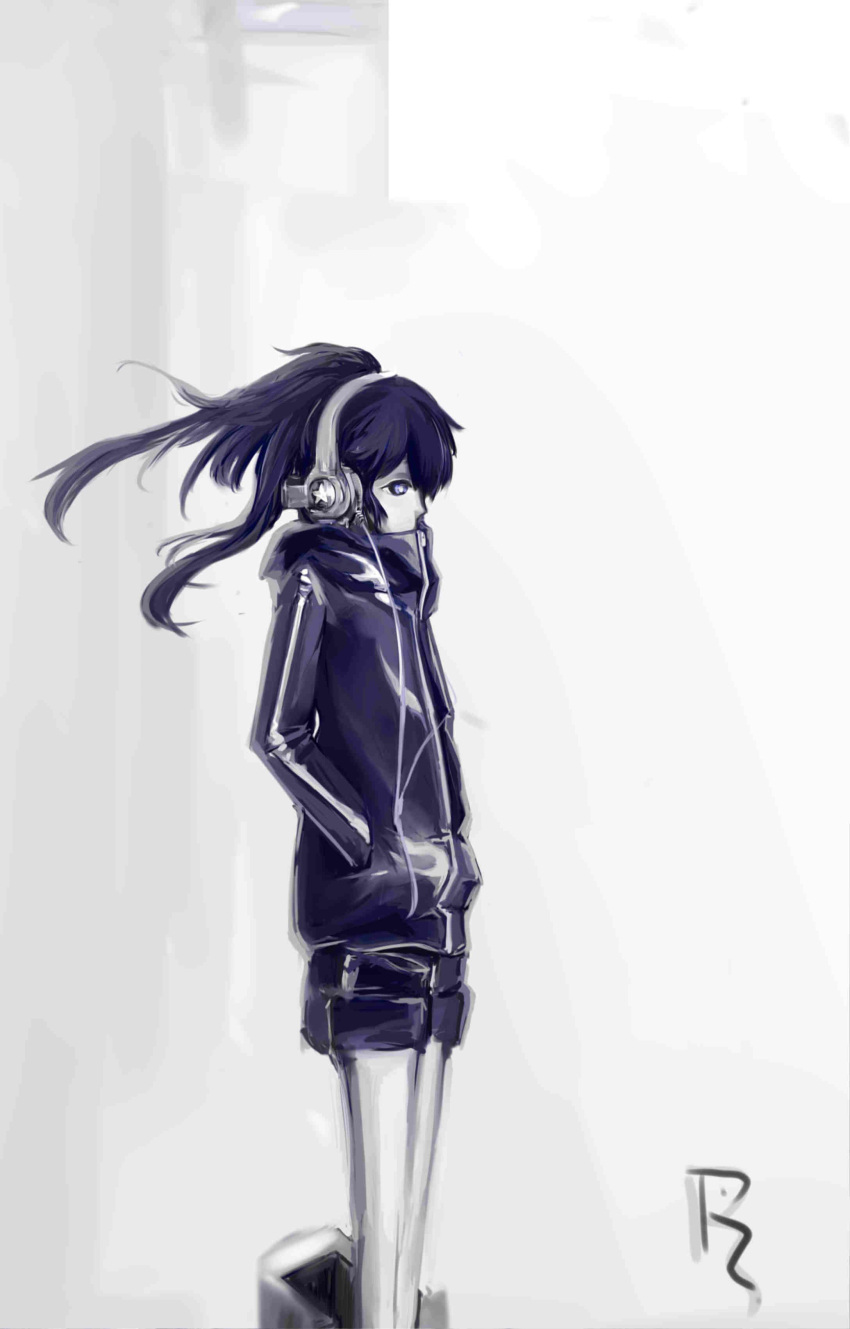 absurdres black_rock_shooter black_rock_shooter_(character) blue_eyes blue_hair commentary_request female headphones highres hood hoodie long_hair oshin0_(zheng) shorts solo twintails