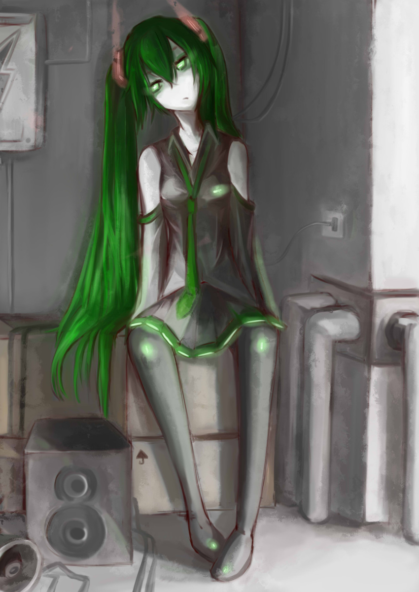 absurdres commentary_request detached_sleeves female green_eyes green_hair hatsune_miku highres long_hair necktie oshin0_(zheng) skirt solo thighhighs twintails very_long_hair vocaloid