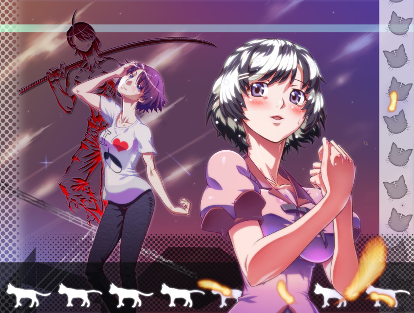 1boy 2girls araragi_koyomi black_hair blue_eyes blush casual commentary_request dondongarara hanekawa_tsubasa kokorowatari monogatari_(series) multiple_girls naoetsu_high_school_uniform nekomonogatari nisemonogatari ootachi photoshop_(medium) purple_hair school_uniform senjougahara_hitagi short_hair sword tears weapon