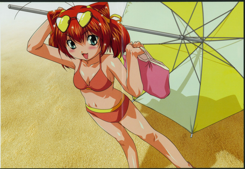 bag bikini brown_hair glasses green_eyes highres neko_no_tamami swimsuit tenshi_no_shippo umbrella